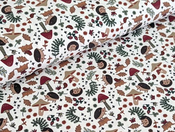 Reststück Baumwolljersey Igel im Herbstwald Pilze Weiß 75 x 150 cm